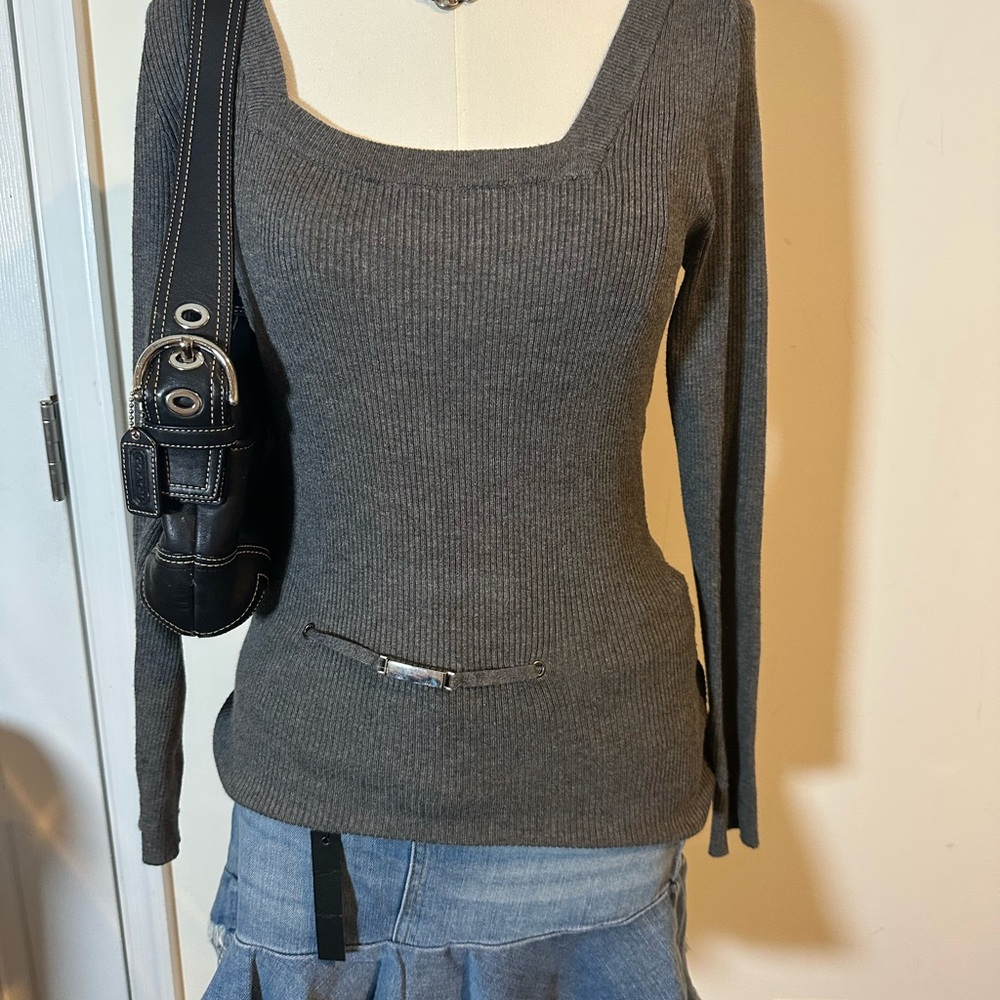 Y2K Red brand Gray Ribbed Long Sleeve Sweater